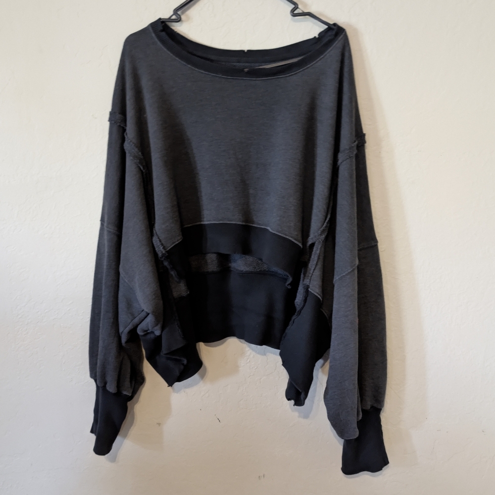 We The Free Oversized Distressed Black & Charcoal Cropped Sweatshirt